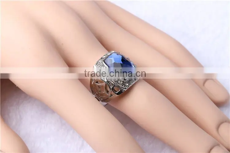Trendy silver plated blue sapphire mens ring