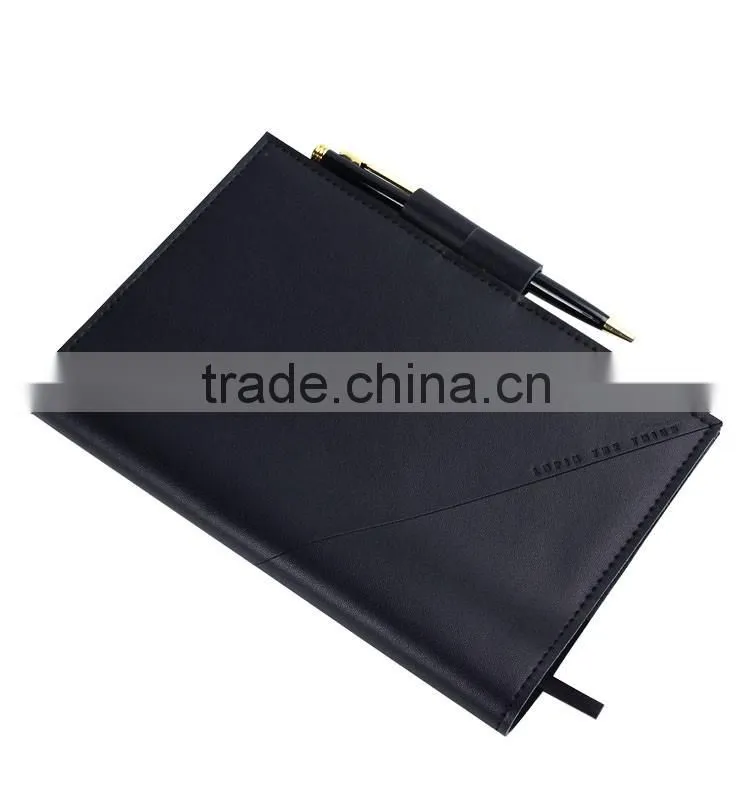 Black fashionable a5 refillable genuine leather notebook with pen attached