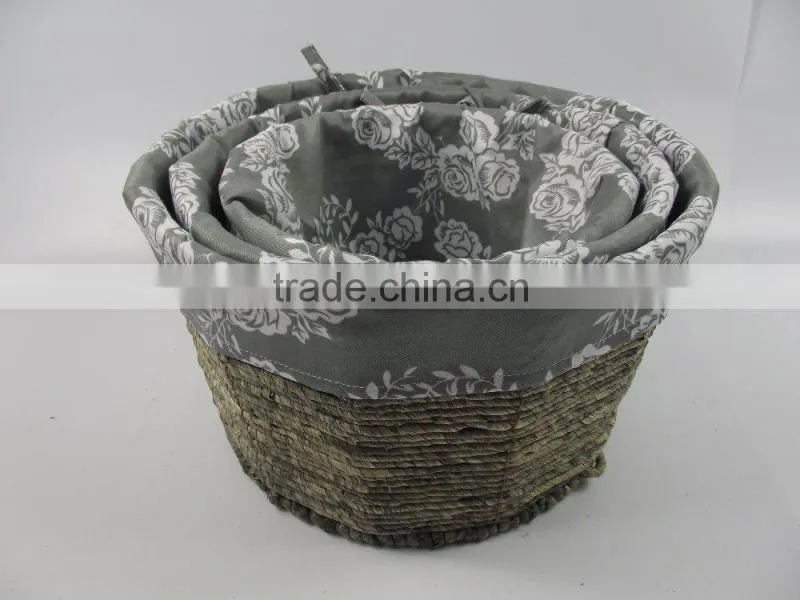 set of 3 round maize weaved storage baskets with lining-cheap wicker baskets
