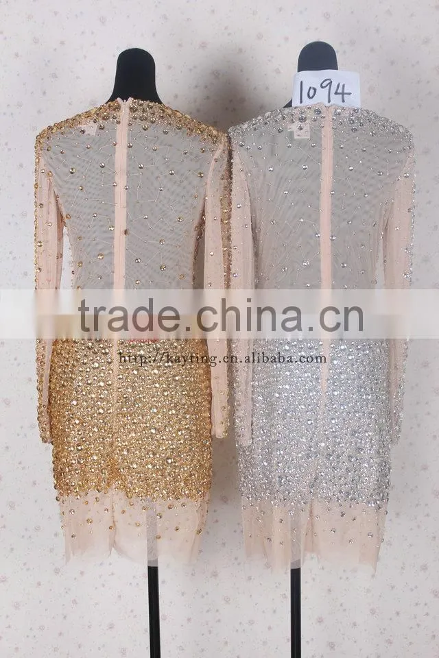 Stunning sexy heavy beaded long sleeve knee length round neck elegant yellow gold bridesmaid dresses