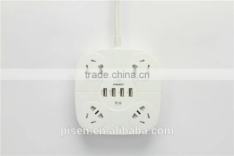 Pisen 1.8m 6ft Cable 4 Outles Power Strip With 1A 1A 2.4 A 2.4A 4 USB Charger