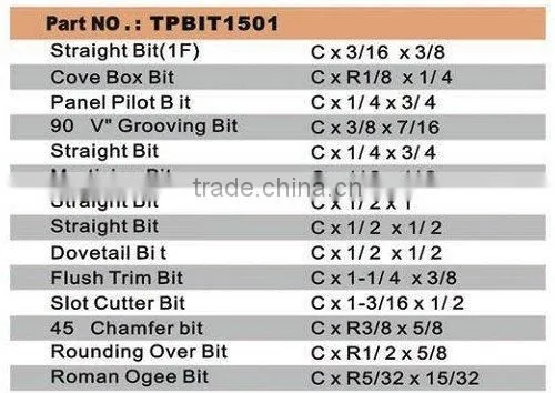 15 PCS carton steel body router acr bits set