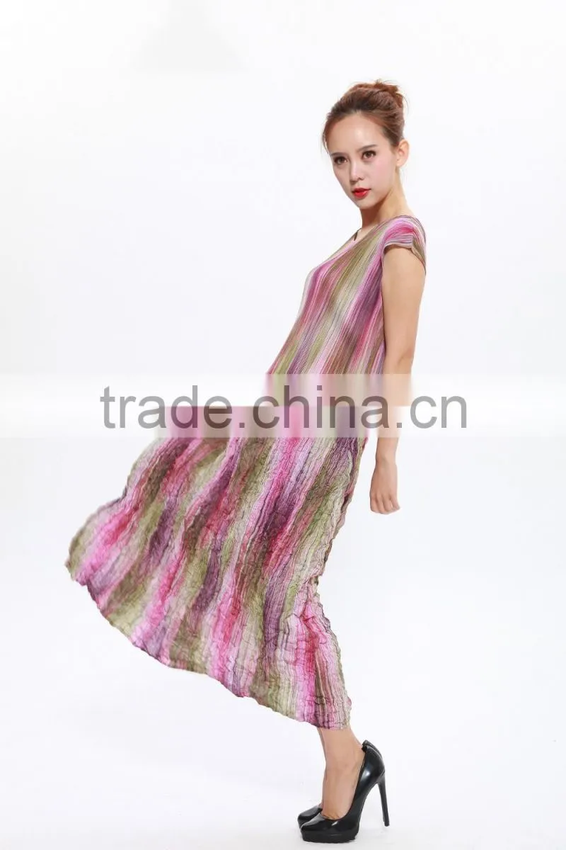 Women latest designs colorful printing sleeveless pleated dresses