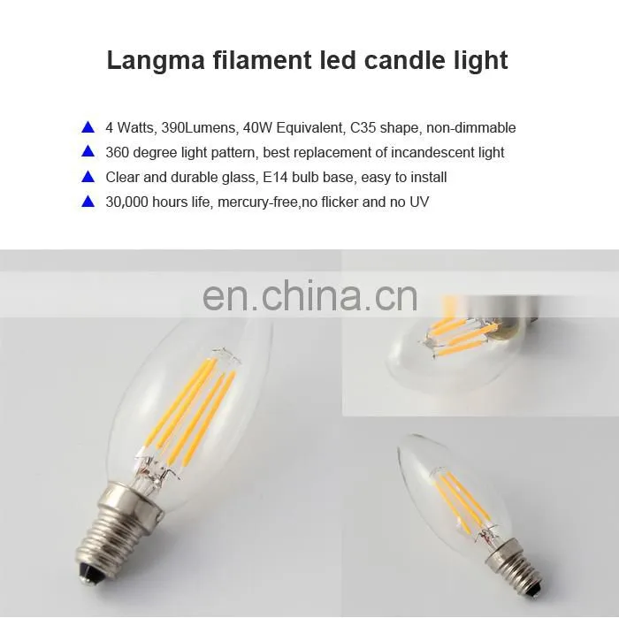 Langma Shenzhen led supplier CE 230V Clear all Glass Candle 360 degree Ra>80 2W 4W C35 Filament Bulb led 230v e14 UL/CUL