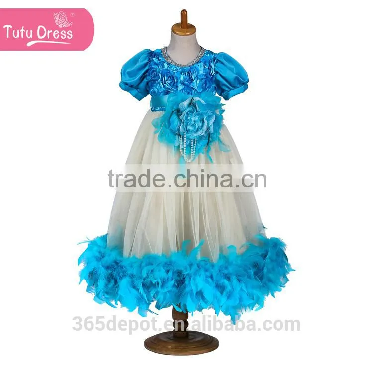 Blue Feather dresses for baby girls 2015 new design lace and feather kids dresses