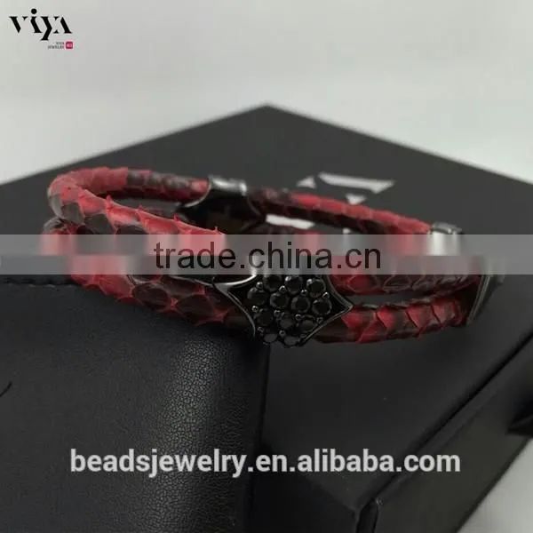 2016 New Custom Men Double Leather Stingray Rose gold Black Stone Bracelet
