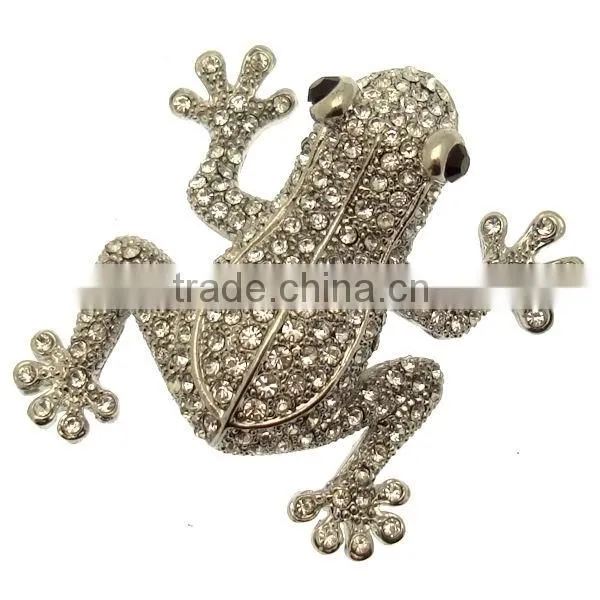 Custom-made Silver Tone Clear Crystal Large Frog Brooch