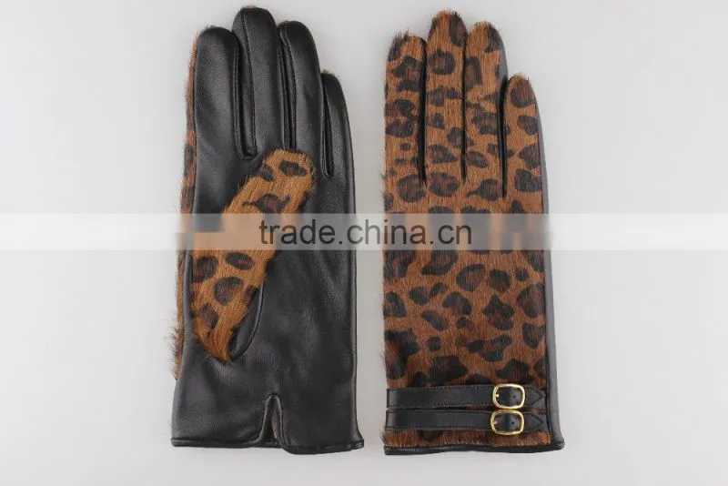 Fashion horse fur leather gloves with belt decorate