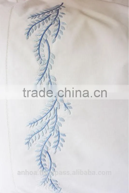 100% white cotton blue stems embroidered hemstitched pillowcases