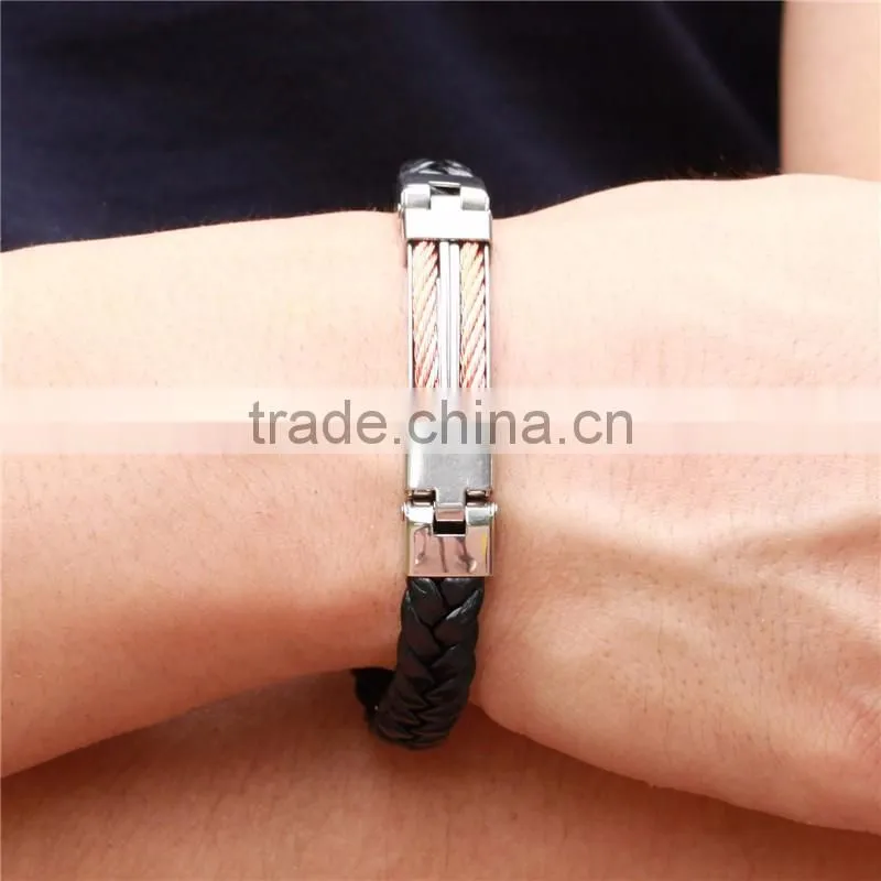 Bulk 316L titanium women / mens braided leather bracelet wholesale