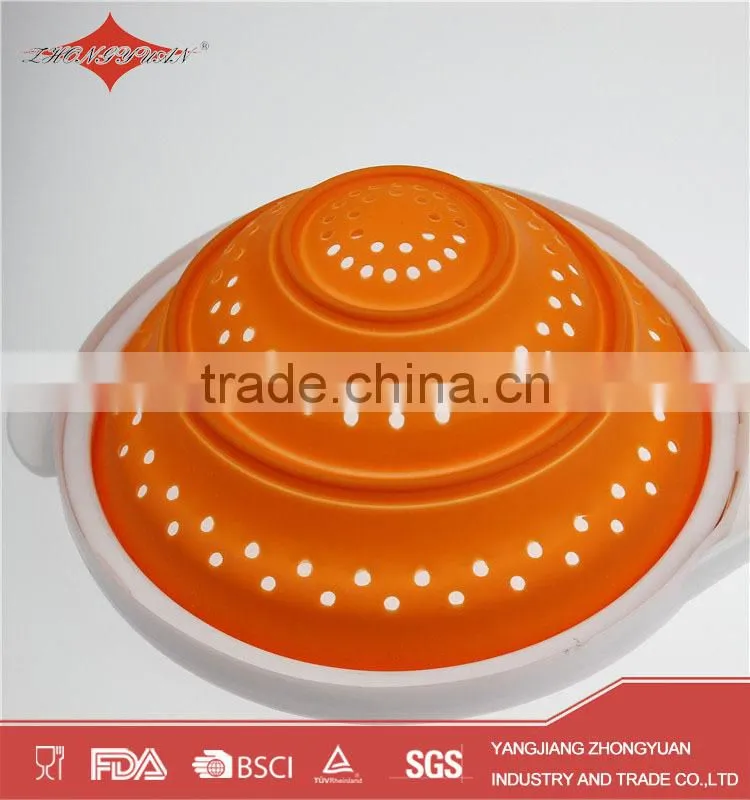 Easy use food grade retractable silicone strainer collapsiple colander with plastic handle