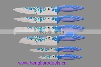 color non-stick coated blade kitchen knife set with acylic stand