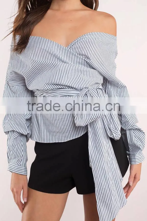 Wrap Neck Women Off Shoulder Stripe Blouse Women