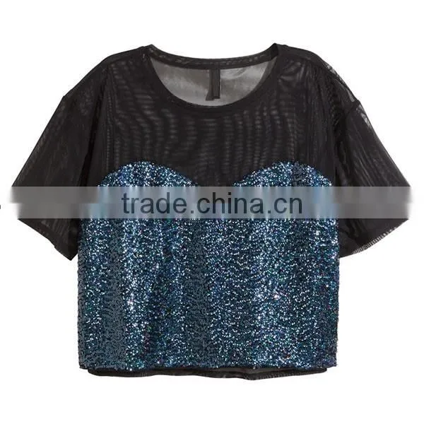 New Arrival Women Short Sleeve Wide Jersey Cropped Mesh Tops HST9262