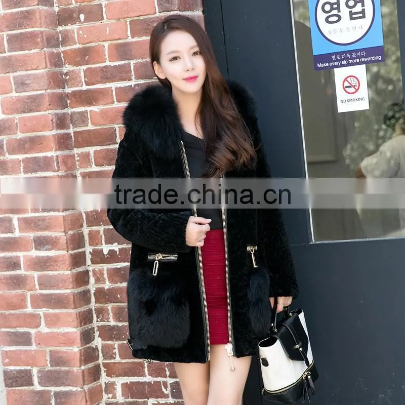 Winter Women's Long Natural Real Wool Sheep Shearling Coat Plus Size Jacket With Hood Genuine Fox Fur Pockets
