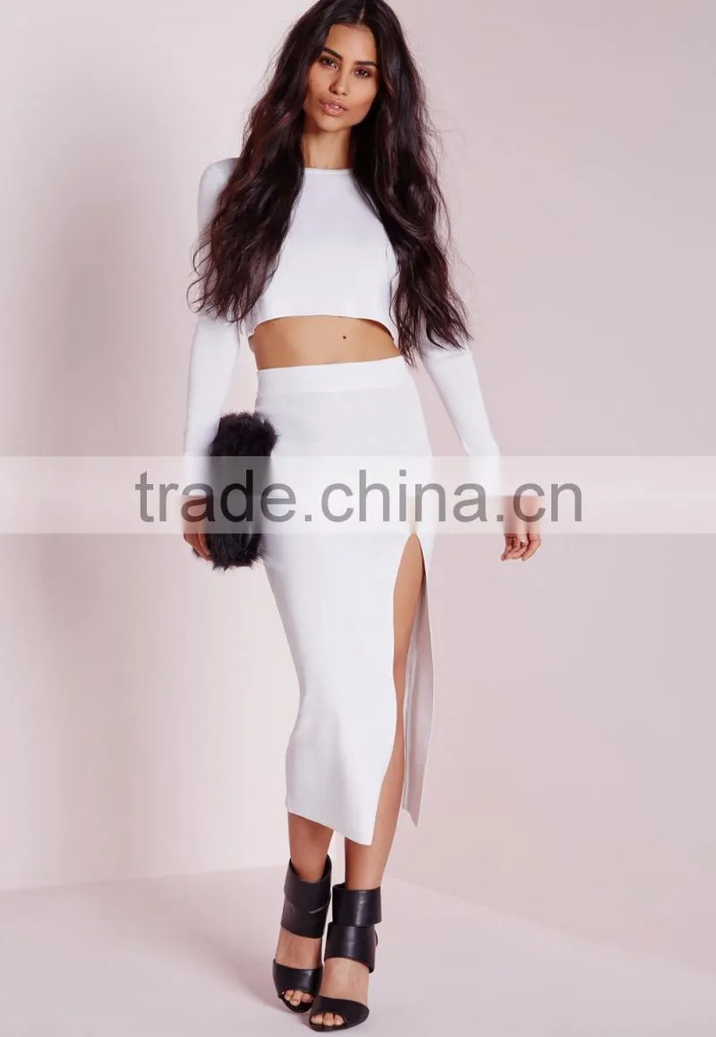 Women latest skirt design pictures sexy high split midi skirt white 2015