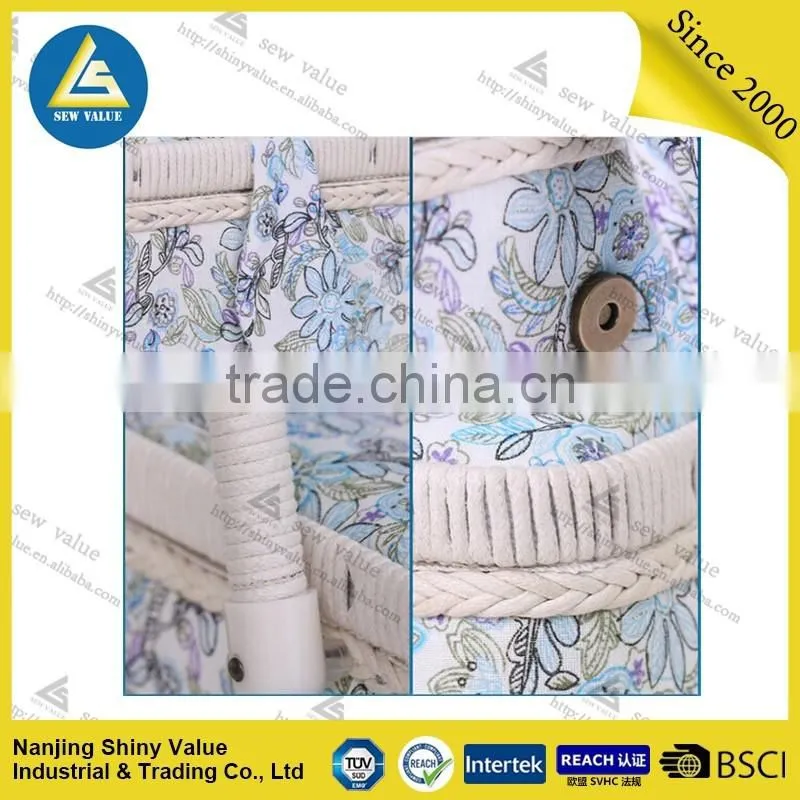 Rural style fabric covered sewing basket made by hand