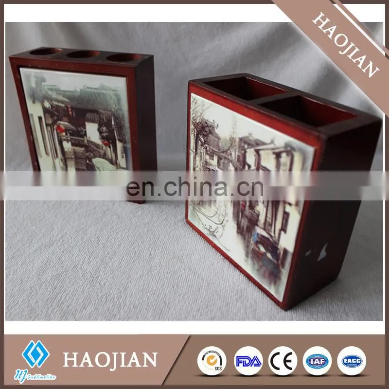 3 round holes wooden pen holder fancy pen holder desktop pen holder with ceramic tile