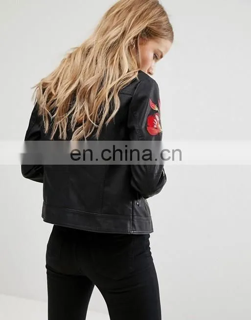 2017 Fashion factory price ladies embroider jacket women clothing pu/polyester leather jacket