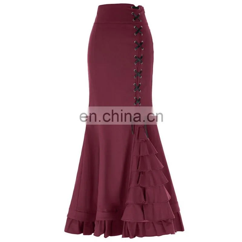 Belle Poque Womens High Stretchy Nylon-Cotton Vintage Retro Ruffled Fishtail Mermaid Victorian Style Wine Long Skirt BP000203-3