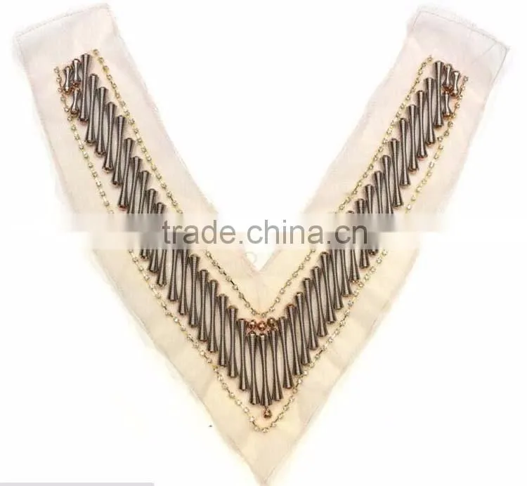 Garment accessory Deep V Shape trims,Cheap OEM/ODM Plastic Beads Handmade Sew on Net Cloth Collar Neck Lady Designs