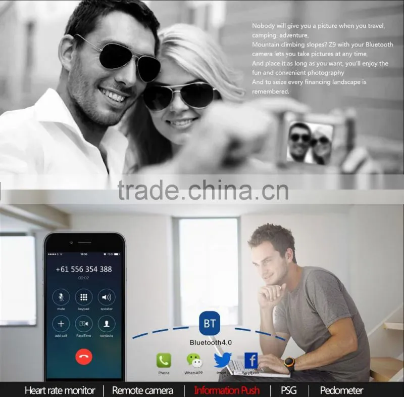 Z9 android 5.1 OS MTK6580 quad core heart rate monitor 3G smartwatch with on cell touchscreen