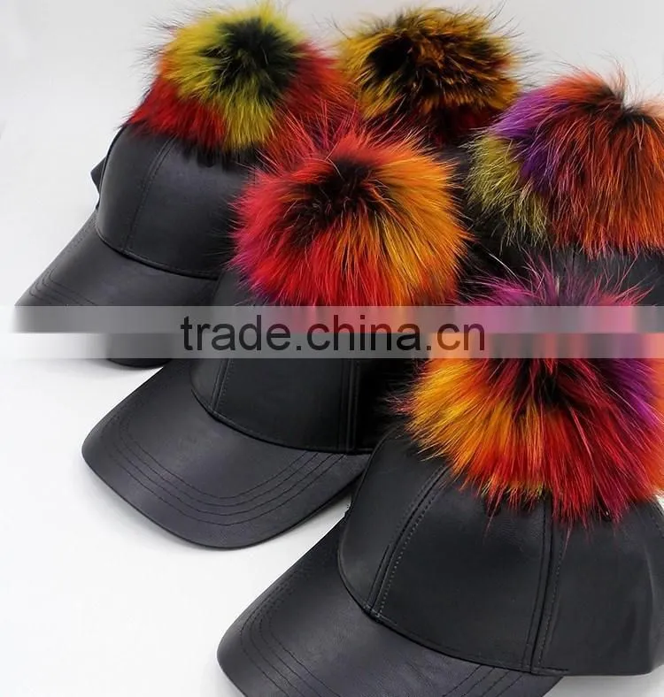 Colorful raccoon fur balls Baseball caps New faux leather casquette PU hat for sport
