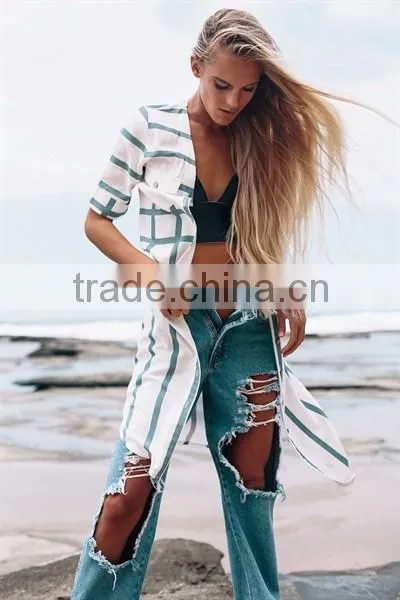 2016 Alibaba ladies stripe overcoat women long top and beach wear