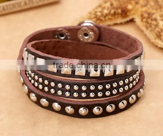 Fashion Vintage Men's Metal Steel Studded Surfer Leather Bangle Cuff Bracelet
