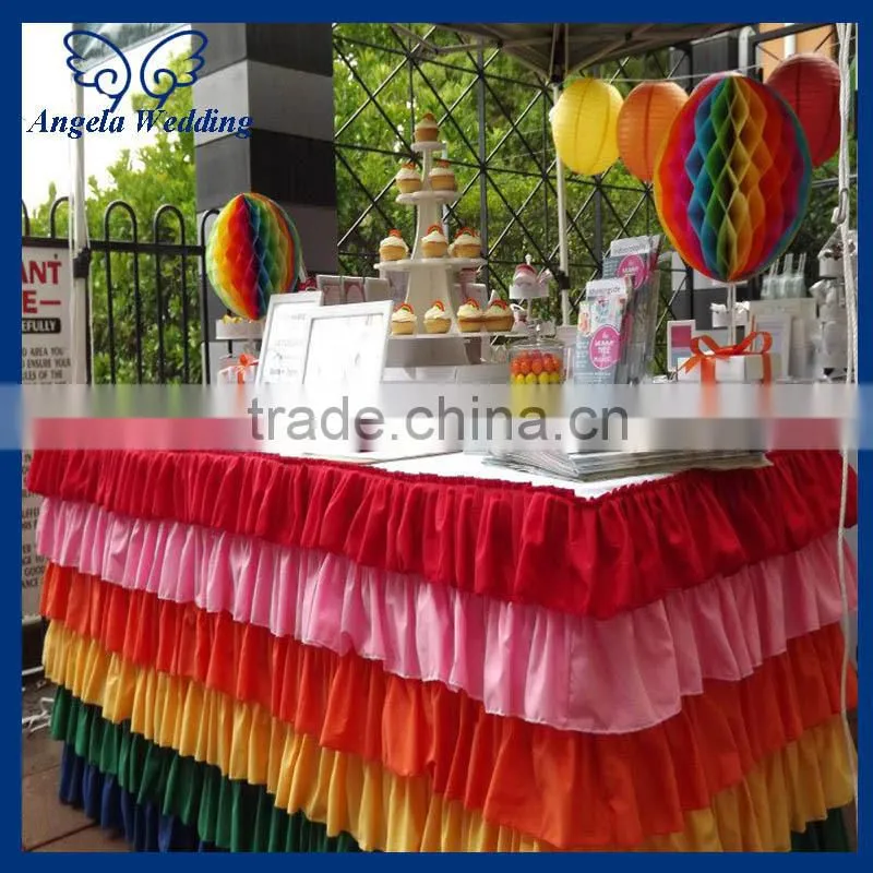 SK002M Wedding hot sale polyester ruffled colorful rainbow steps in table skirting