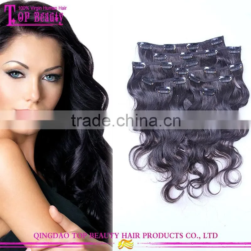 Unprocessed hair extension clip in 200grams, cheap body wave human hair clip in extensions