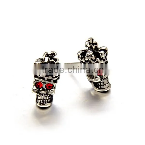 Luxury Red Stone Stainless Steel Silver Jewelry Punk Skull Earrings for mens