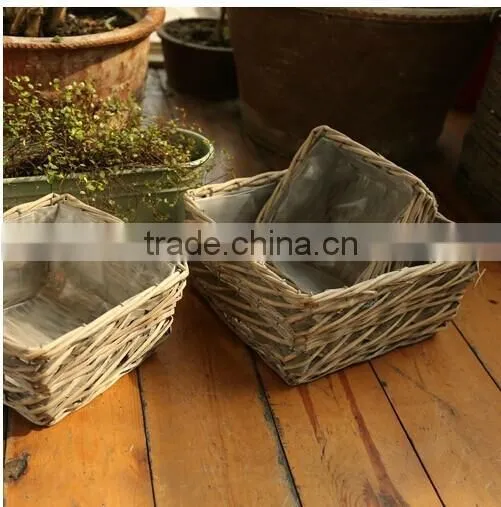 100%Handmade Natural plastic lined grey wicker flower plant pot flower plant basket with handle