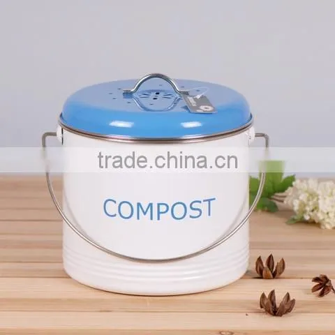 New cream power coated metal compost bin with red lid