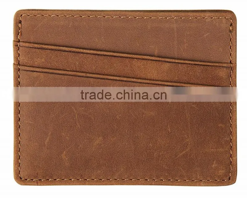 Handmade men's RFID blocking crazy horse leather slim front pocket wallet card holder