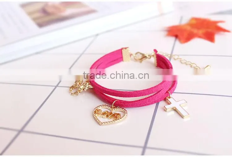 gold love heart cross horse feather charms sude leather bracelet multi layer velvet leather bracelet