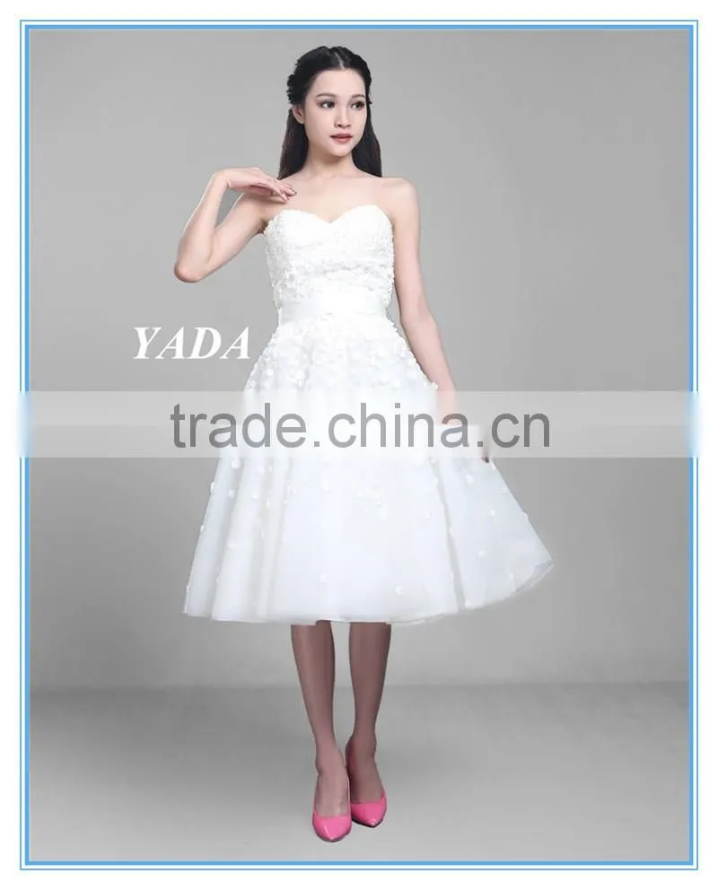 Pretty Off Shoulder Tulle Handmade Appliques Knee Length Wedding Dress