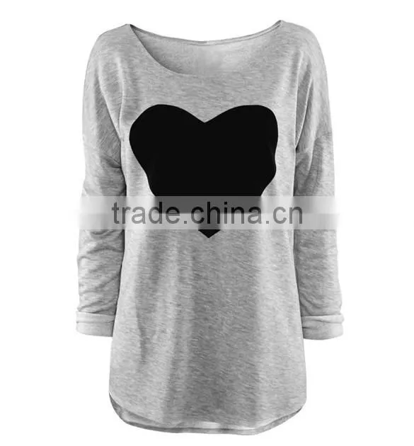 2016 wholesale women's heart pattern o-neck long sleeve t-shirt
