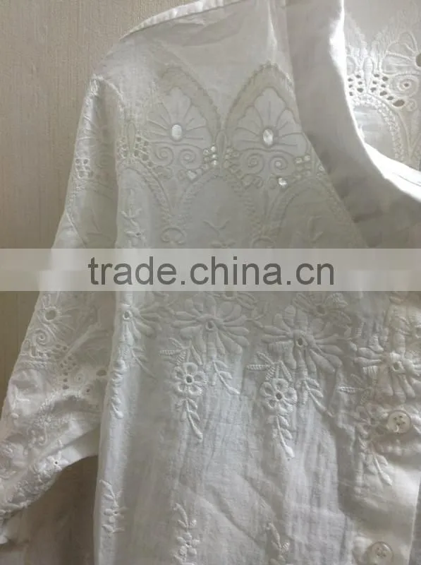 Embroidery floral chiffin white round neck long sleeve women blouse casual