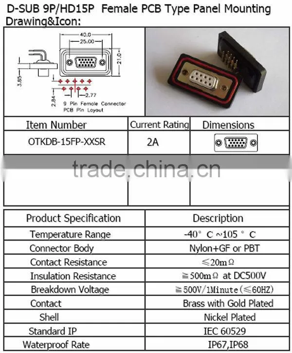 D-SUB 9P/HD15P female PCB type panel mounting Waterproof Connector