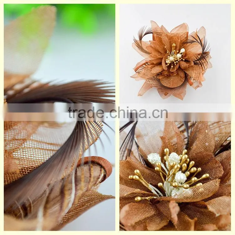 Wholesale china hair accessory brown feather hair flower cips