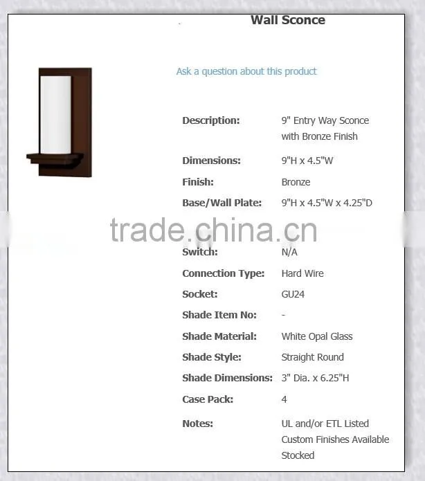 UL Approved bronze finish Modern Wall Sconce With Opal Glass Shade XC-H058