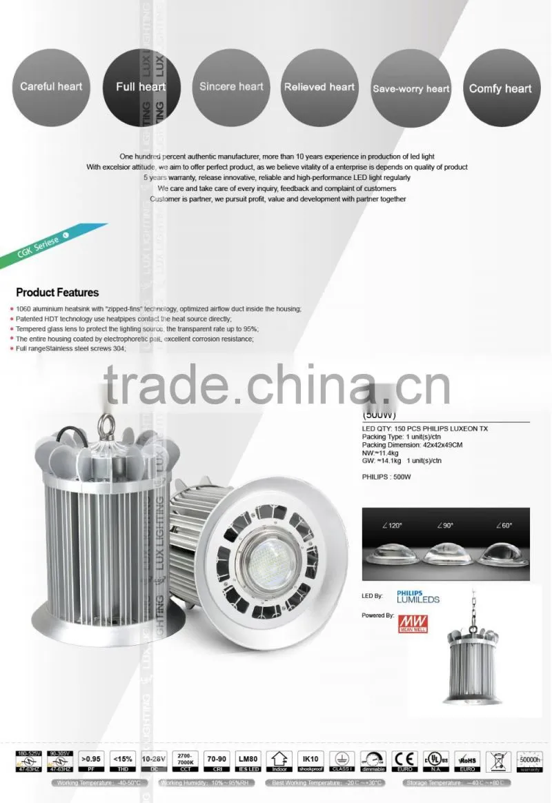 Free Lighting Design Crown Series Copper Heatpipe UL Approved #481383 Design Patent 5 Years Warranty 500W LED High Bays