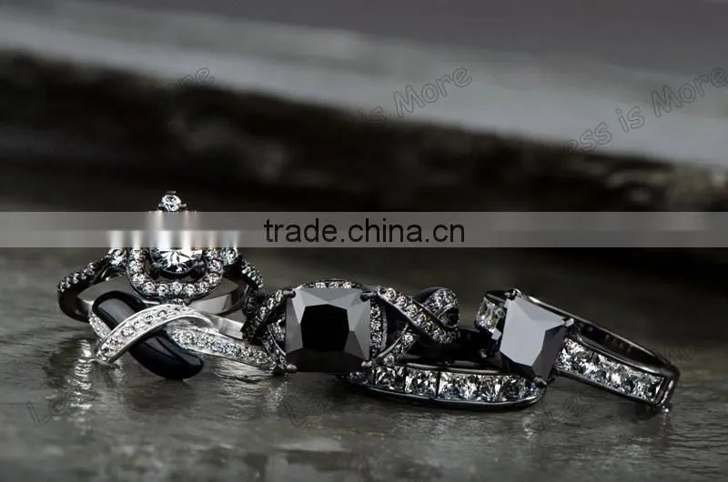 Princess Cut Black CZ Engagement Ring with band
