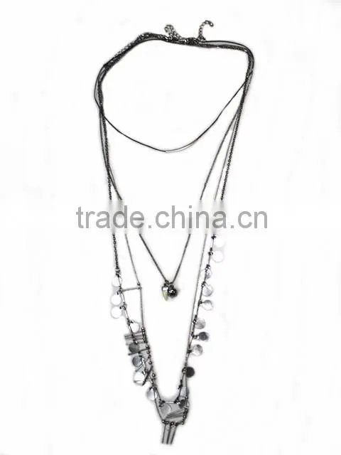 Fashion metal multi-layer chain necklace with tassels and rhinestones