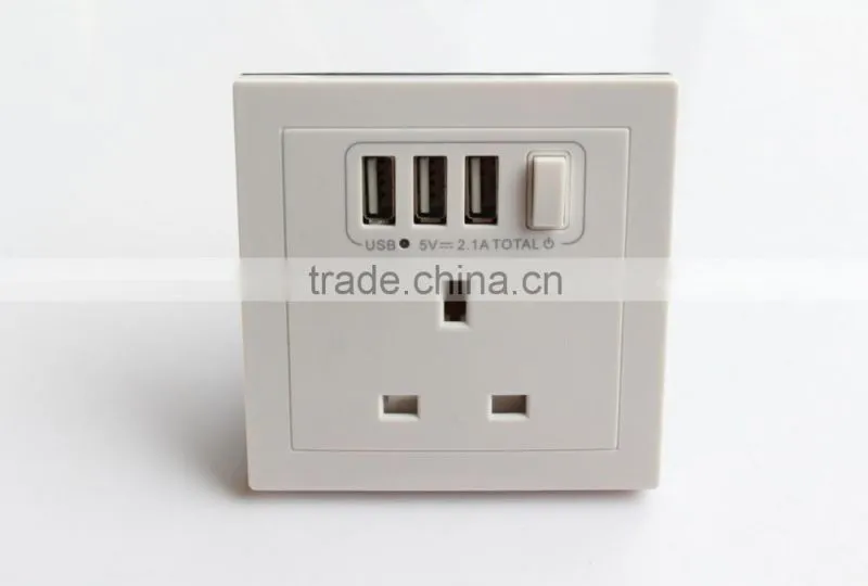 AC 110V-250V UK Socket 3 USB Port DC 5V 2100mA Switch Mains Power Wall Outlet