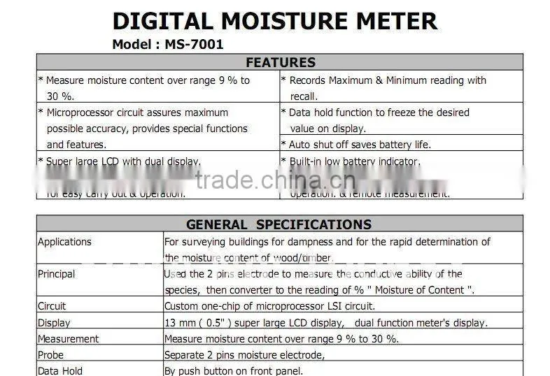NEW 9%-30%,2 pins moisture electrode, Wood/Timber Moisture Meter/Tester MS-7001