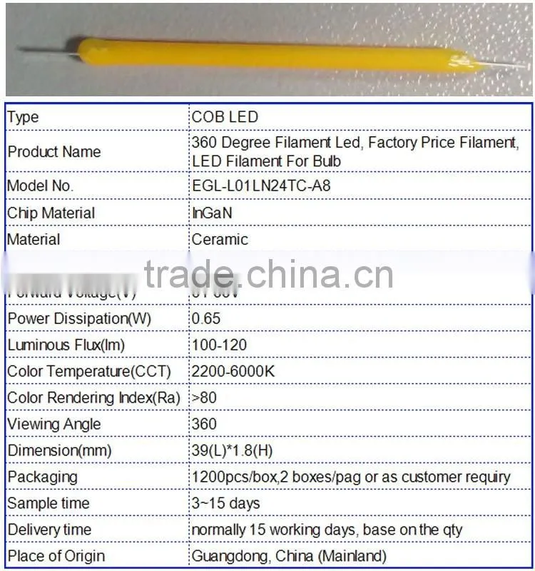 patent product!!HOT!4000K natural white color led filament 130-150lm/w high efficacy 360 degree beam angle led cob filament