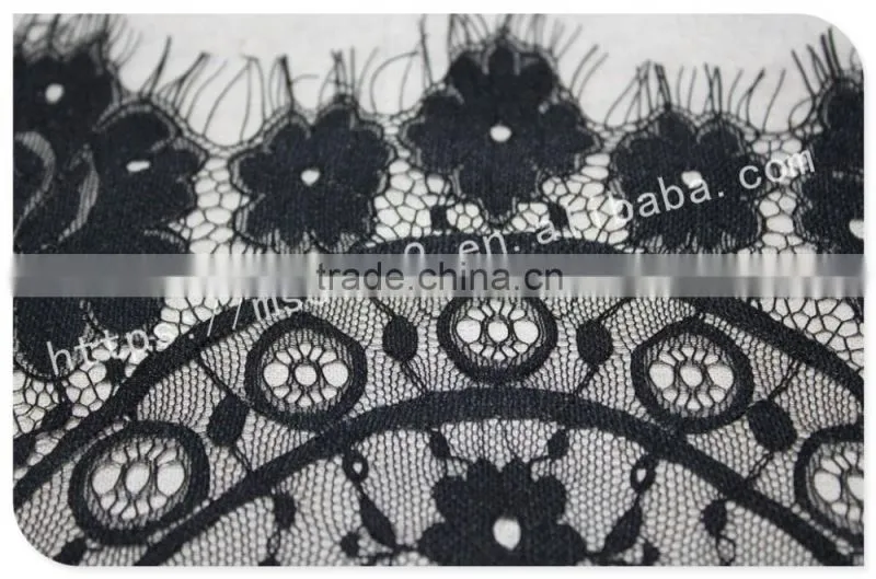 Good price 44cm width polyester floral eyelash black lace trim for sale