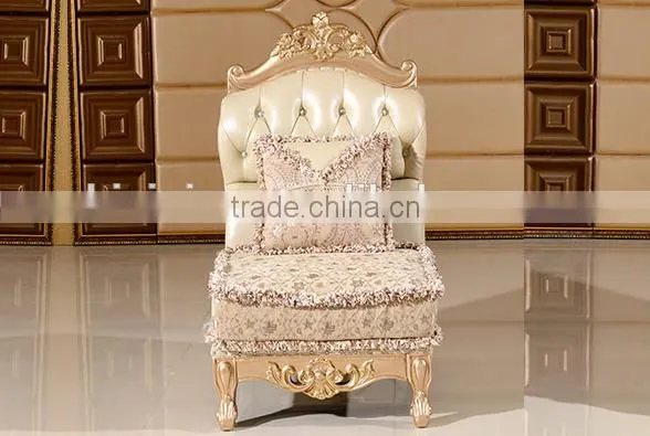 Luxury European style solid wood golden carving genuine leather back matching fabric seat living room corner sofa set